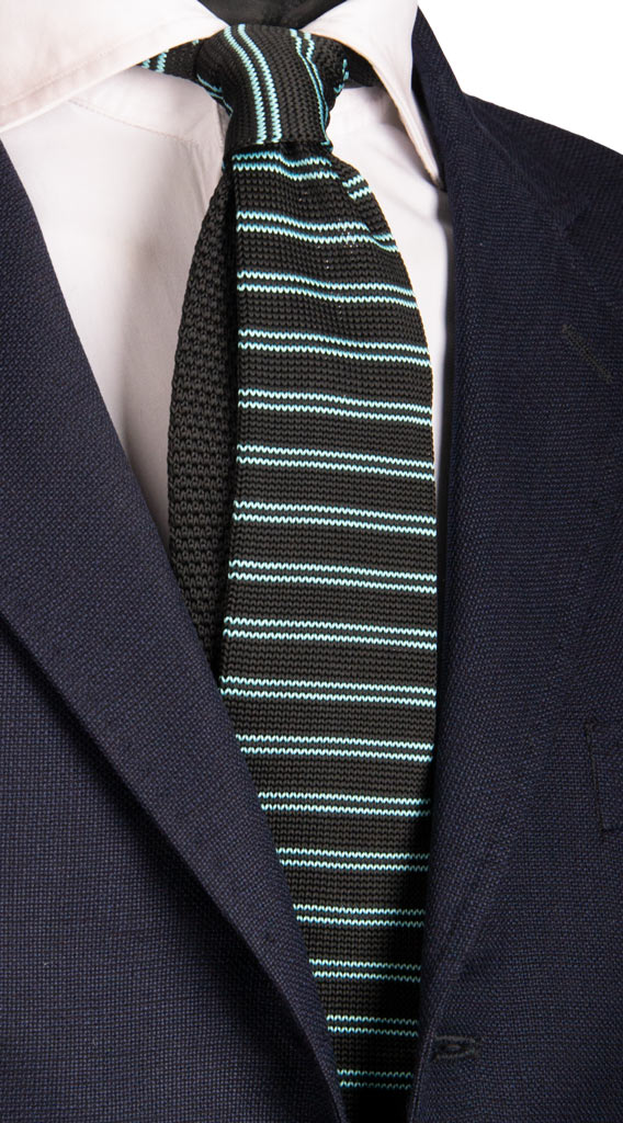 Cravatta Tricot in Maglia di Seta Nera Righe Turchese Made in Italy Graffeo Cravatte