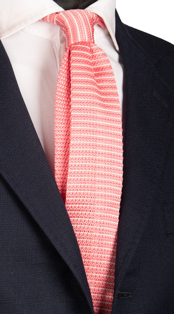 Cravatta Tricot in Maglia di Seta Rosa Righe Bianche Made in Italy Graffeo Cravatte