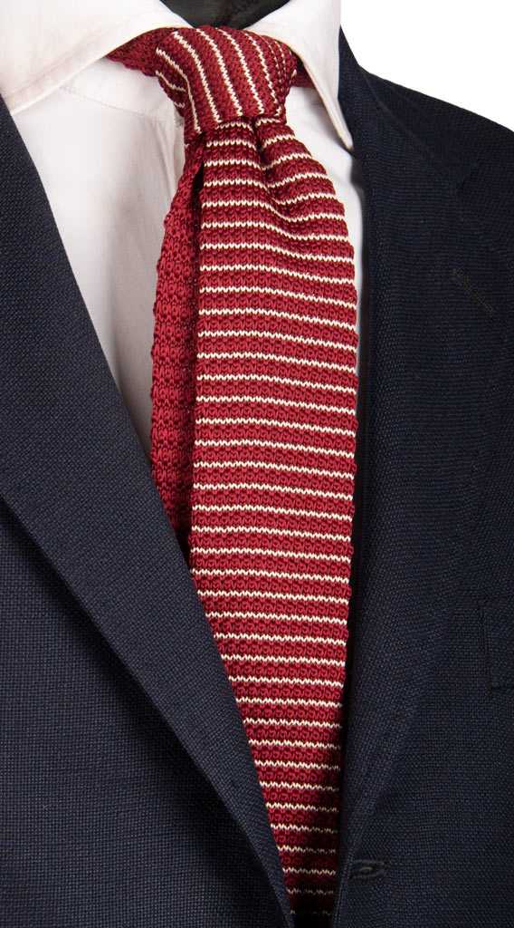 Cravatta Tricot in Maglia di Seta Rossa Bordeaux Righe Bianche Made in italy Graffeo Cravatte