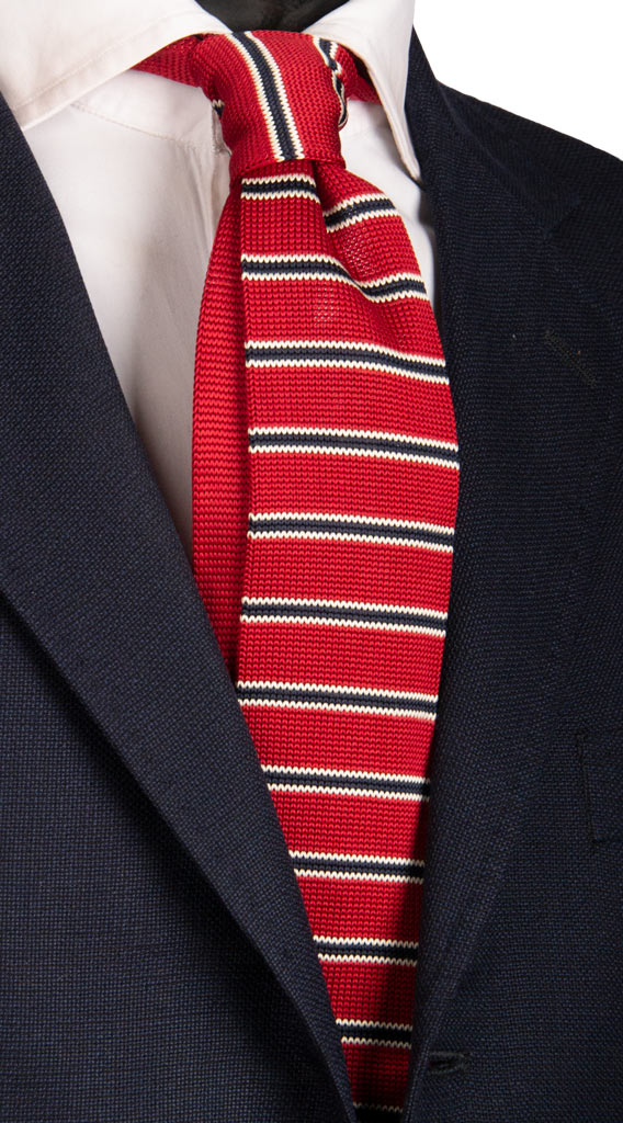 Cravatta Tricot in Maglia di Seta Rossa Righe Blu Bianche Made in Italy Graffeo Cravatte