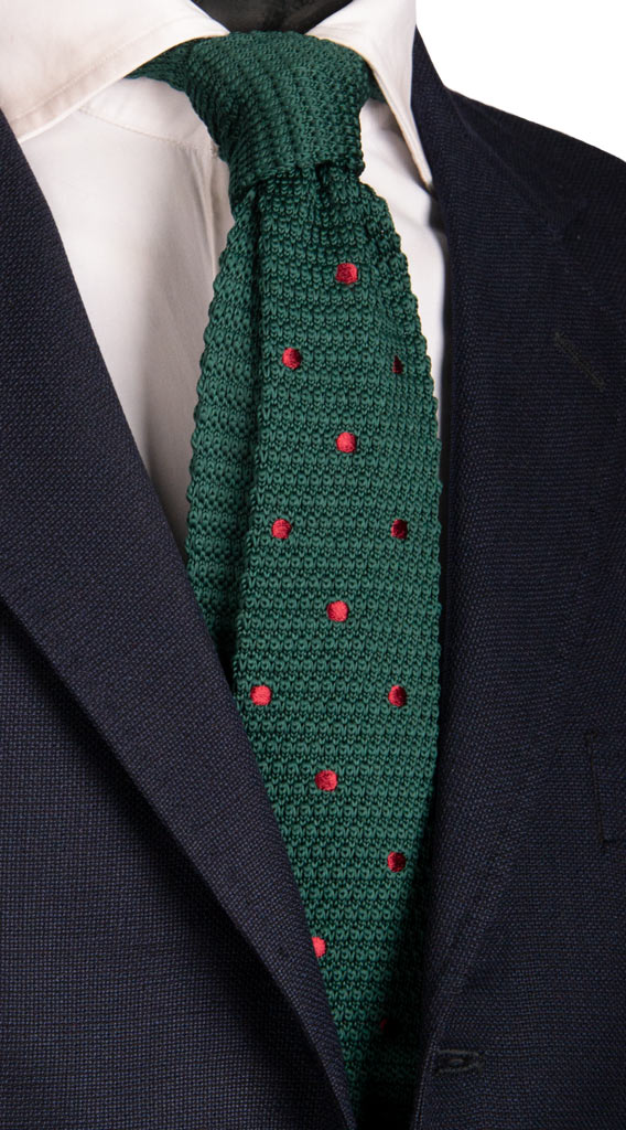 Cravatta Tricot in Maglia di Seta Verde a Pois Bordeaux Made in Italy Graffeo Cravatte