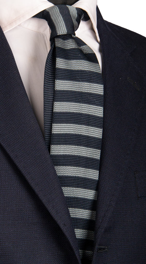 Cravatta Tricot in Maglia di Seta Righe Blu Grigie Made in Italy Graffeo Cravatte