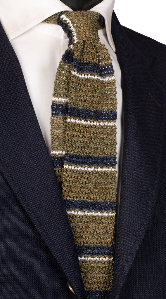Cravatta Tricot in Maglia in Cotone Lino Verde a Righe Bianche Blu Made in Italy Graffeo Cravatte