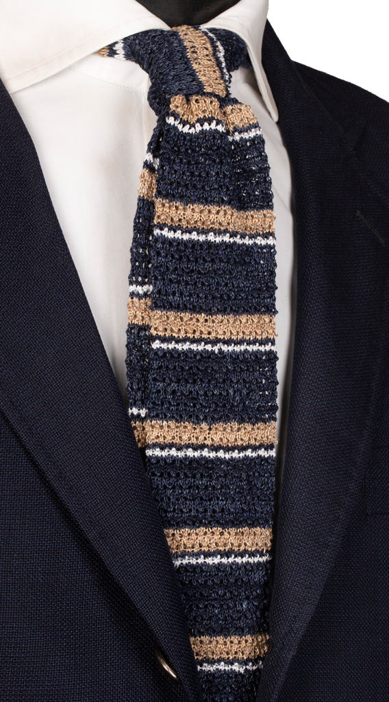 Cravatta Tricot in Maglia in Cotone Lino a Righe Blu Beige Bianco Made in Italy Graffeo Cravatte