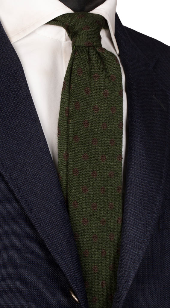 Cravatta Tricot in Maglia in Seta Cashmere Verde Scuro Pois Marrone Made in Italy graffeo Cravatte