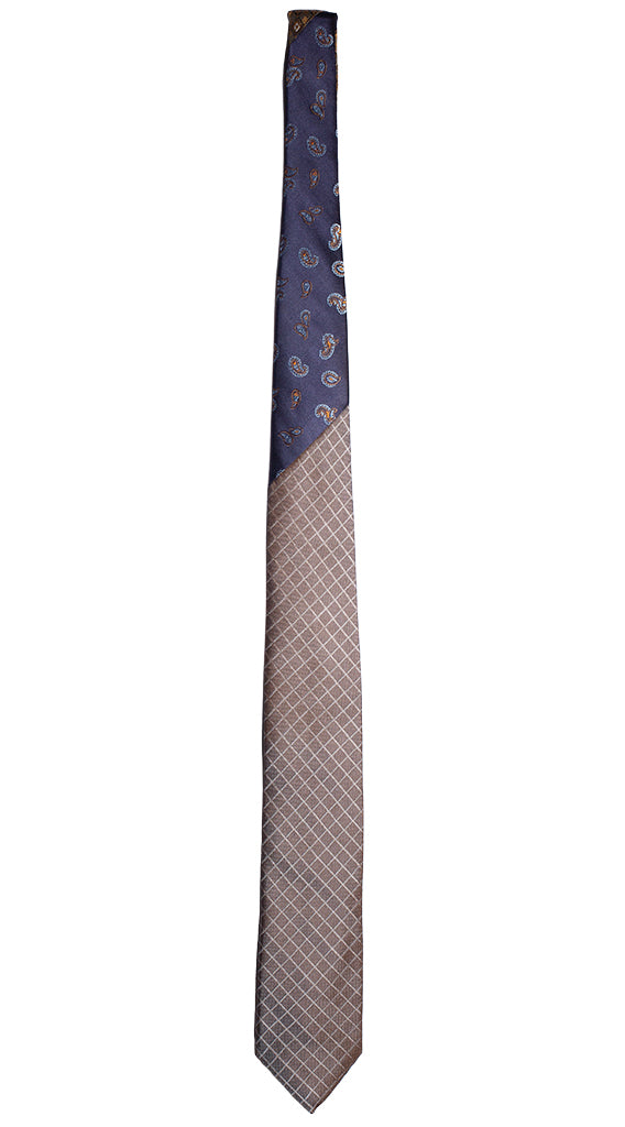 Cravatta Uomo Marrone a Quadri Nodo In Contrasto Blu Con Fantasia Bianca Marrone Made in Italy Graffeo Cravatte Intera