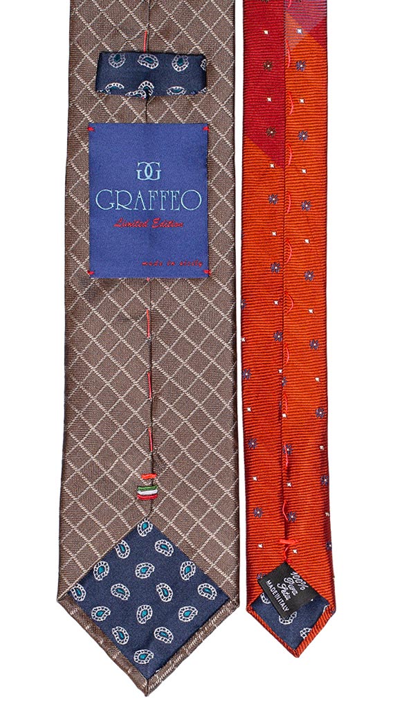 Cravatta Uomo Marrone a Quadri Nodo In Contrasto Blu Con Fantasia Bianca Marrone Made in Italy Graffeo Cravatte Pala