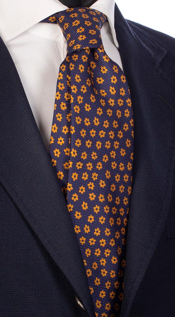 Cravatta Uomo Stampa Blu Navy Fantasia Floreale Arancione Made in Italy Graffeo Cravatte