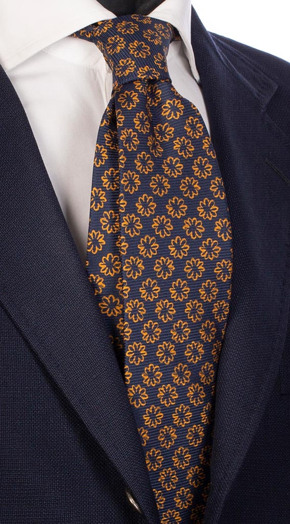 Cravatta Uomo Stampa Blu NAvy Fantasia Floreale Arancione Made in Italy Graffeo Cravatte