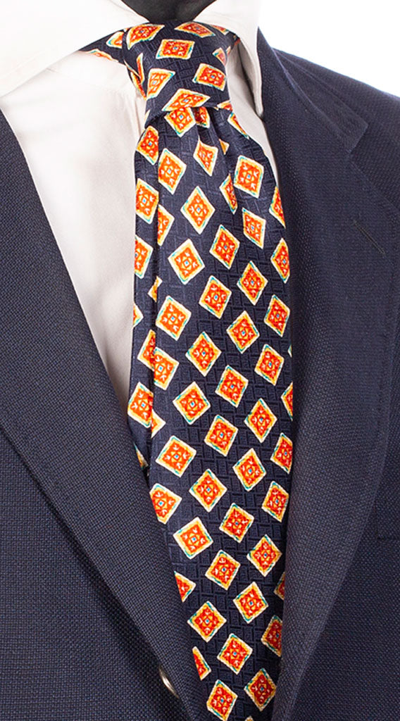 Cravatta Sette Pieghe Stampa di Seta Blu con Fantasia Bianca Verde Arancione Made in Italy Graffeo Cravatte