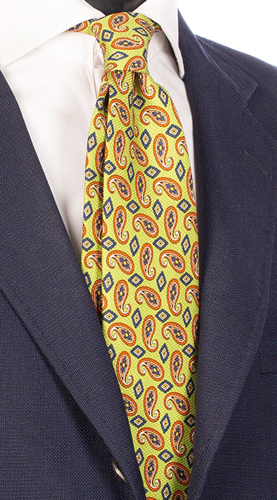 Cravatta Sette Pieghe Stampa di Seta Verde Paisley Arancione Beige Bluette Giallo Made in Italy Graffeo Cravatte