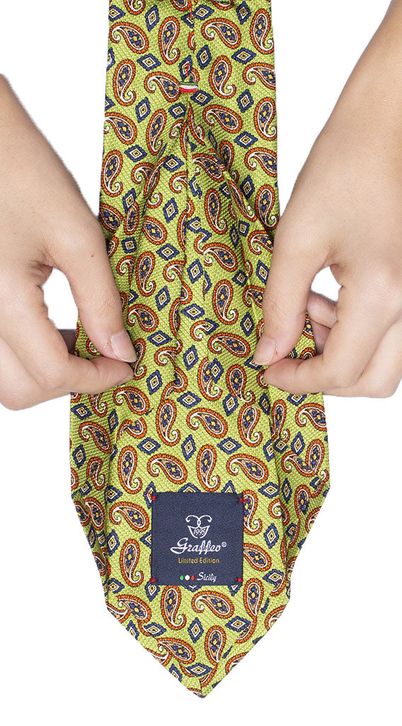 Cravatta Sette Pieghe Stampa di Seta Verde Paisley Arancione Beige Bluette Giallo Made in Italy Graffeo Cravatte Pala