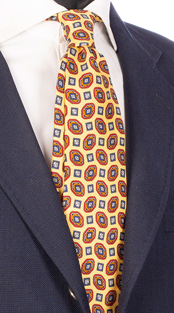 Cravatta Sette Pieghe Stampa di Seta Gialla Fantasia Rossa Arancione Grigio Chiaro Bluette Made in Italy Graffeo Cravatte