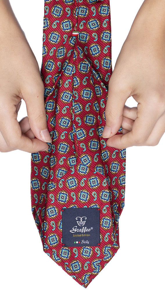Cravatta Sette Pieghe Stampa di Seta Rossa Bordeaux Fantasia Marrone Bluette Gialla Azzurra Made in Italy Graffeo Cravatte Pala