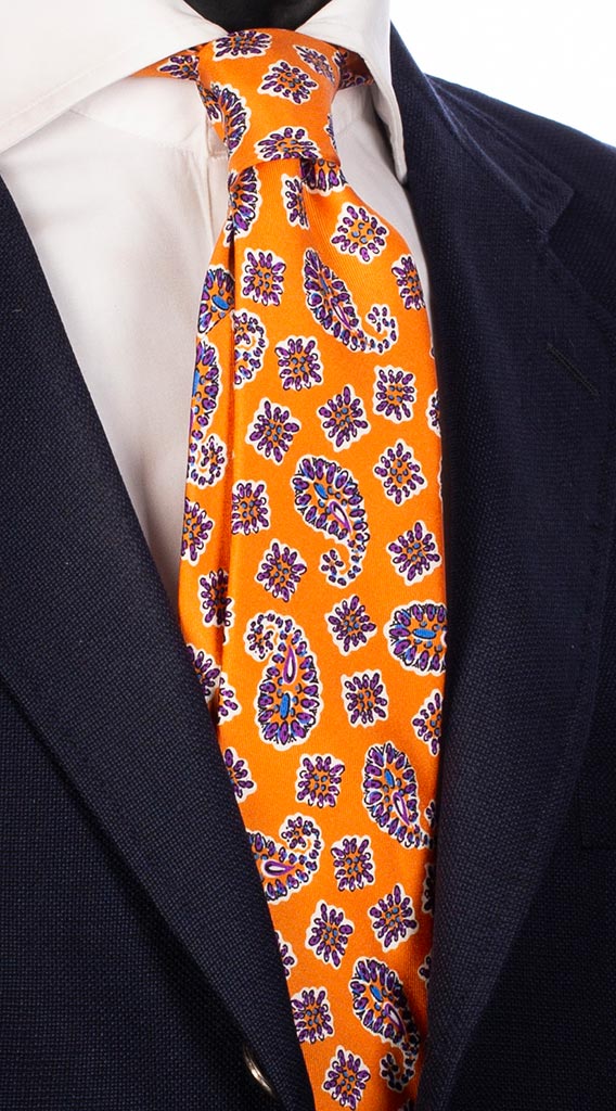 Cravatta Uomo Stampa di Seta Arancione Paisley Bianco Viola Celeste Made in Italy Graffeo Cravatte
