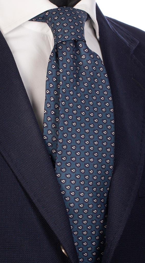 Cravatta Uomo Stampa di Seta Blu Avio Paisley Blu Bianco Made in Italy Graffeo Cravatte