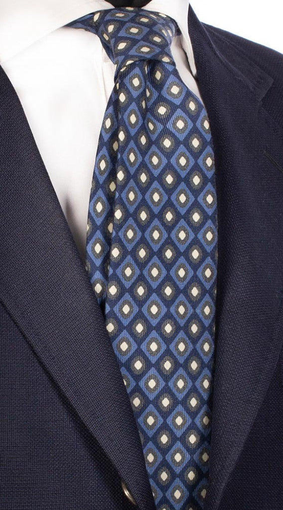 Cravatta Uomo Stampa di Seta Blu Navy Fantasia Celeste Grigio Bianco Made in Italy Graffeo Cravatte
