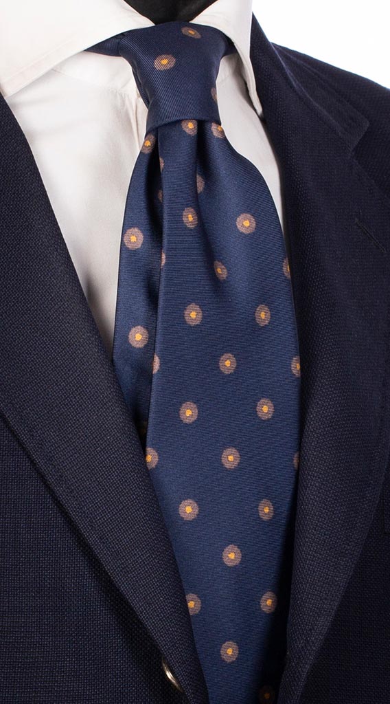 Cravatta Uomo Stampa di Seta Blu Navy Fantasia Tortora Gialla Made in italy Graffeo Cravatte