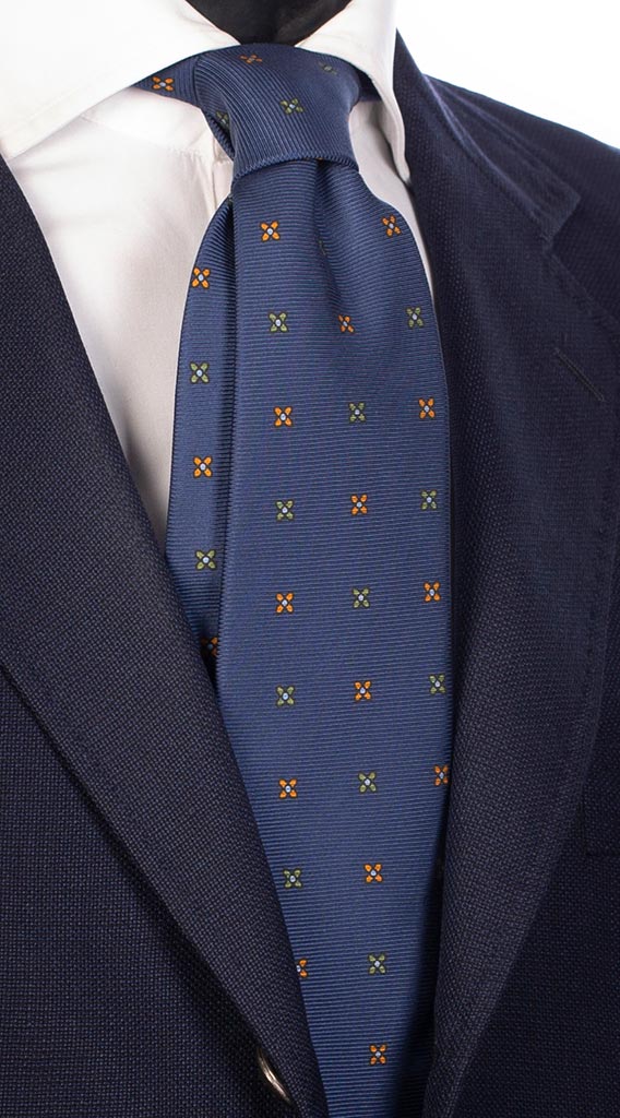 Cravatta Uomo Stampa di Seta Blu Navy Fantasia Verde Arancio Bianco Made in Italy Graffeo Cravatte
