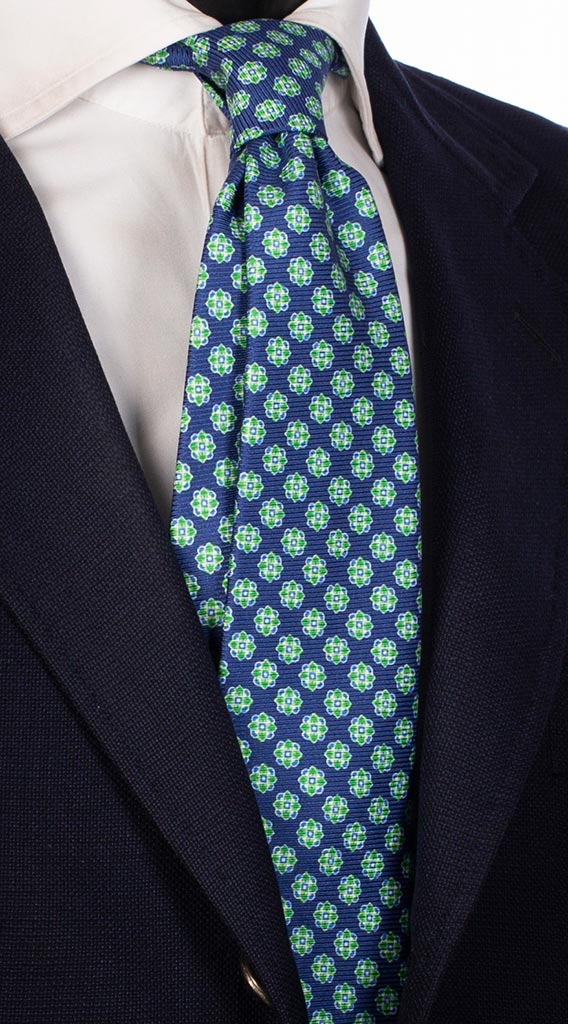 Cravatta Uomo Stampa di Seta Blu Navy Fantasia Verde Bianca Bluette Made in Italy Graffeo Cravatte