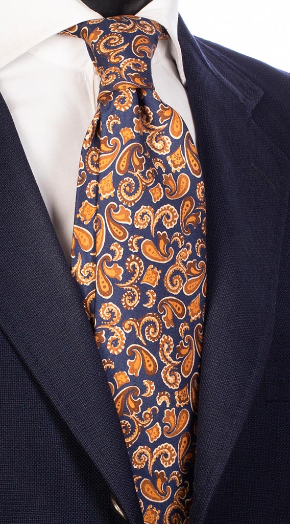 Cravatta Uomo Stampa di Seta Blu Navy Marrone Beige Made in Italy Graffeo Cravatte