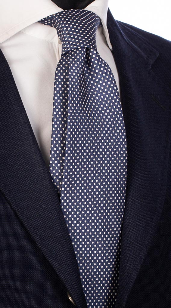 Cravatta Uomo Stampa di Seta Blu Navy Pois Bianchi Made in Italy Graffeo Cravatte