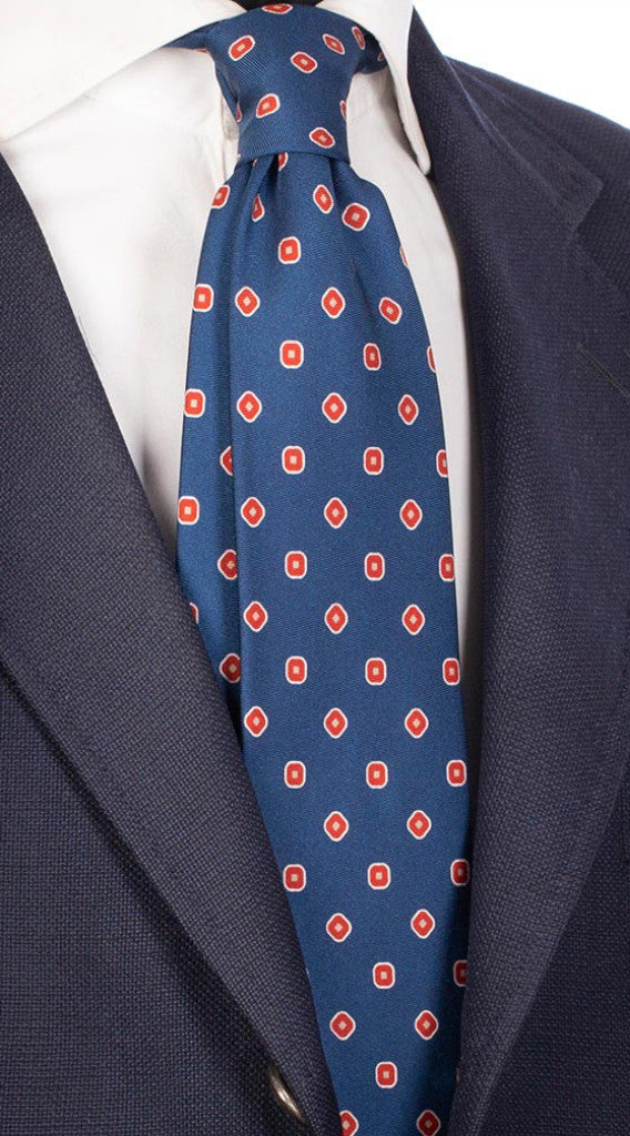 Cravatta Uomo Stampa di Seta Blu Navy con Fantasia Ruggine Bianca e Beige Made in Italy Graffeo Cravatte