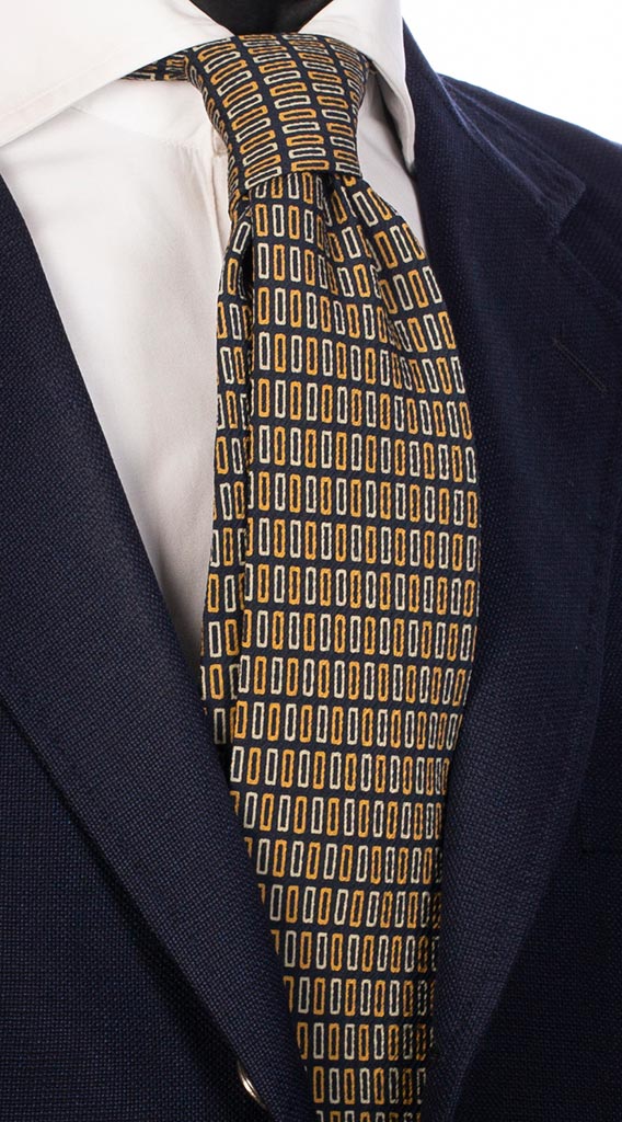 Cravatta Uomo Stampa di Seta Blu Notte Fantasia Giallo Beige Made in Italy Graffeo Cravatte