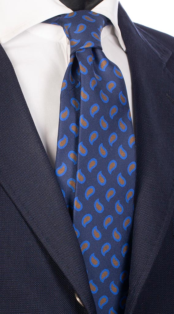 Cravatta Uomo Stampa di Seta Blu Paisley Bluette Senape Made in Italy Graffeo Cravatte