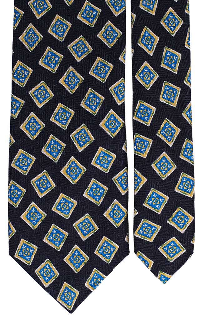 Cravatta Uomo Stampa di Seta Blu a Fantasia Gialla Bluette Bianca Made in Italy Graffeo Cravatte Pala