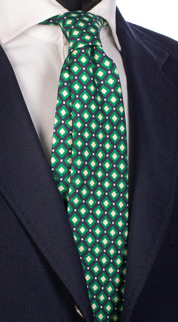 Cravatta Uomo Stampa di Seta Blu con Fantasia Verde Bianco Panna Made in Italy Graffeo Cravatte