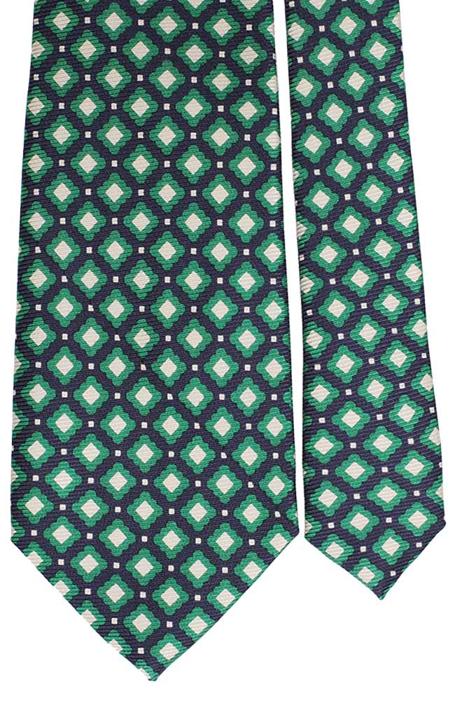 Cravatta Uomo Stampa di Seta Blu con Fantasia Verde Bianco Panna 3947