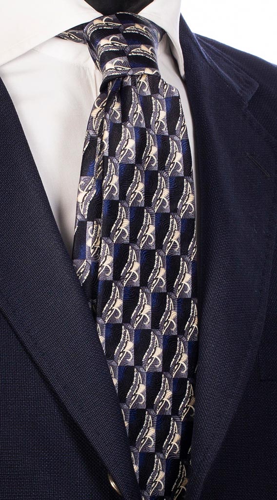 Cravatta Uomo Stampa di Seta Fantasia Blu Bluette Grigia Beige Made in Italy Graffeo Cravatte