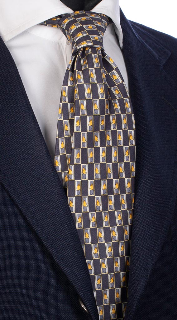 Cravatta Uomo Stampa di Seta Fantasia Blu Grigia Gialla Made in Italy Graffeo Cravatte
