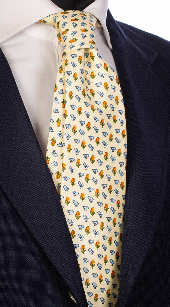 Cravatta Uomo Stampa di Seta Gialla con Uccellini e Tulipani Made in Italy Graffeo Cravatte