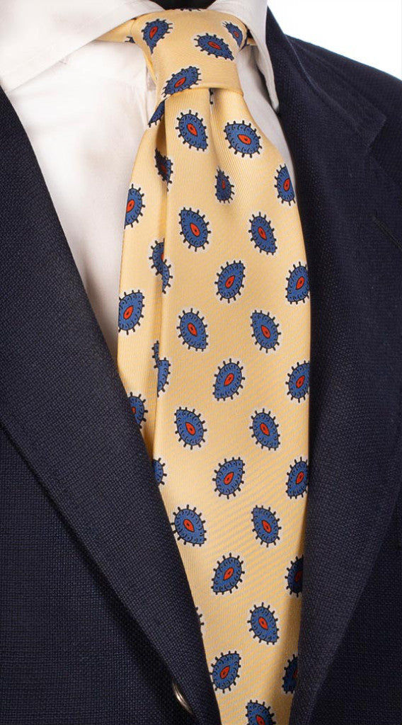 Cravatta Uomo Stampa di Seta Giallo Chiaro Fantasia Bluette Blu Arancione Made in Italy Graffeo Cravatte