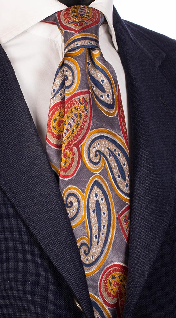 Cravatta Uomo Stampa di SetaGrigia con Paisley Bordeaux Blu Giallo Made in Italy Graffeo Cravatte