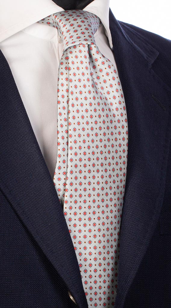 Cravatta Uomo Stampa di Seta Grigio Chiaro con Fantasia Rossa Marrone Blu Made in Italy Graffeo Cravatte