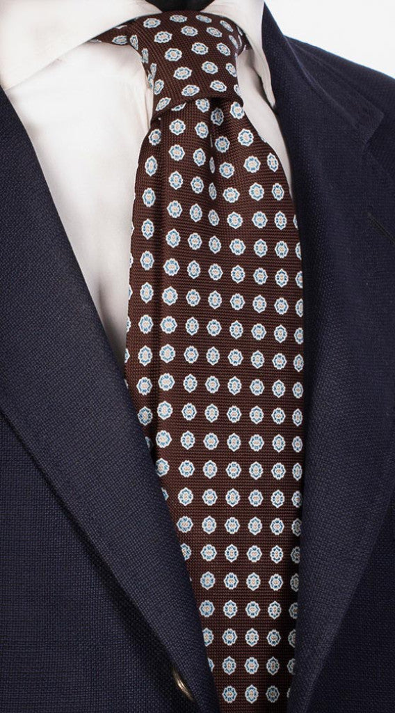 Cravatta Uomo Stampa di Seta Marrone Fantasia Bianca Grigia Celeste Made in Italy Graffeo Cravatte