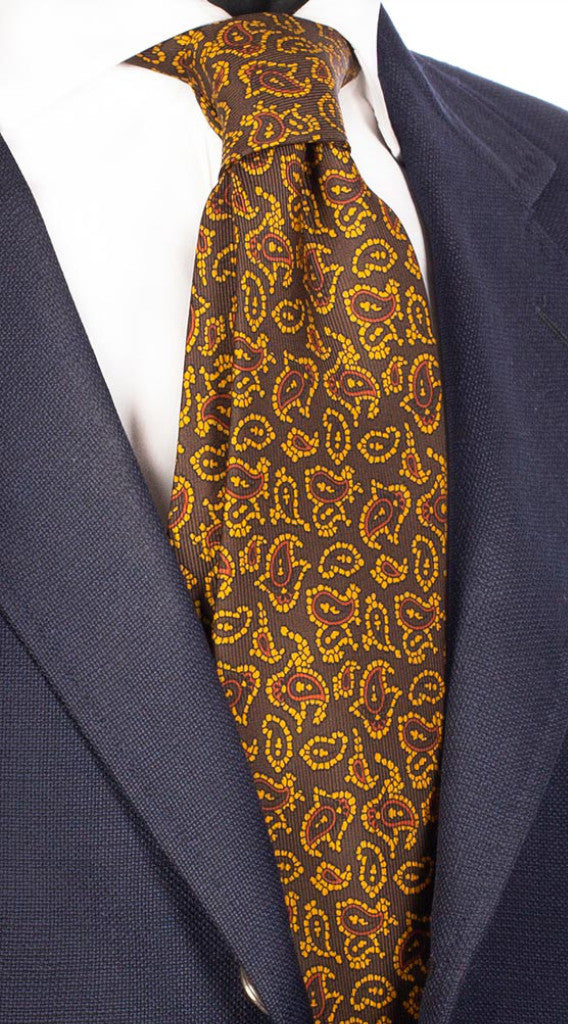 Cravatta Uomo Stampa di Seta Marrone Paisley Arancione Gialla Made in Italy Graffeo Cravatte