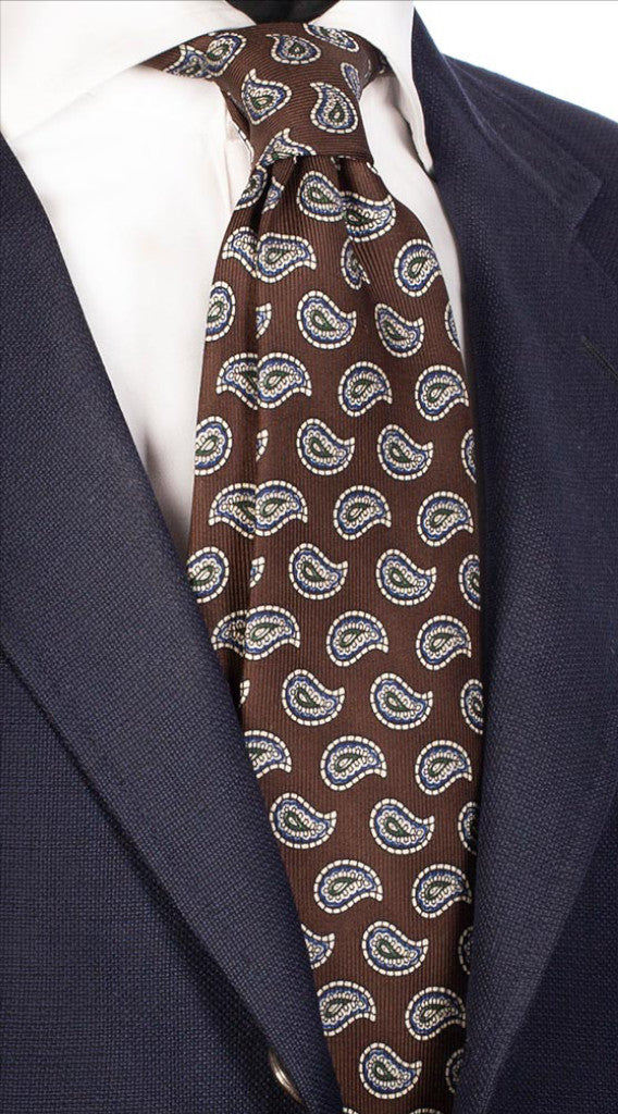 Cravatta Uomo Stampa di Seta Marrone Paisley Bianco Bluette Verde Made in Italy Graffeo Cravatte