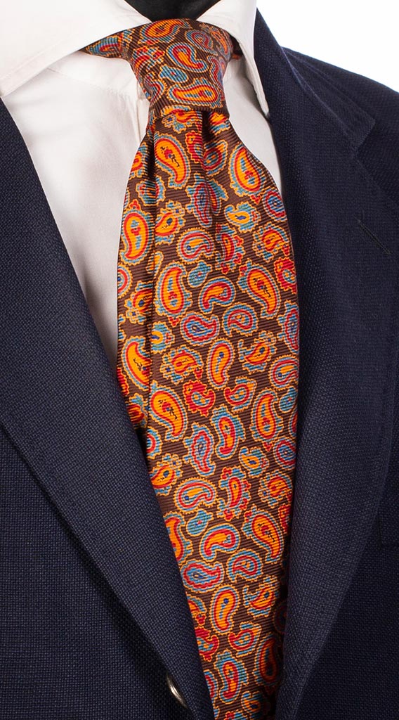 Cravatta Uomo Stampa di Seta Marrone Paisley Multicolor Made in Italy Graffeo Cravatte