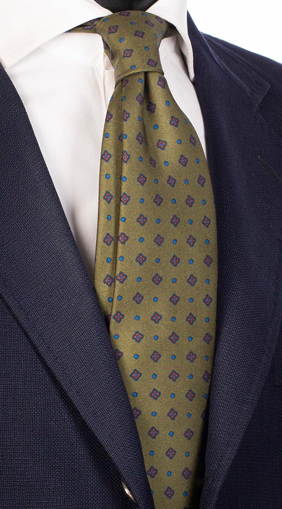 Cravatta Uomo Stampa di Seta Verde Fantasia Marrone Bluette Made in Italy Graffeo Cravatte