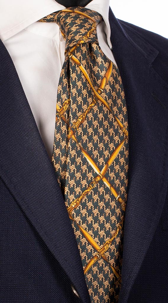 Cravatta Uomo Stampa di Seta Verde Pied De Poule Beige Fantasia Gialla Made in Italy Graffeo Cravatte