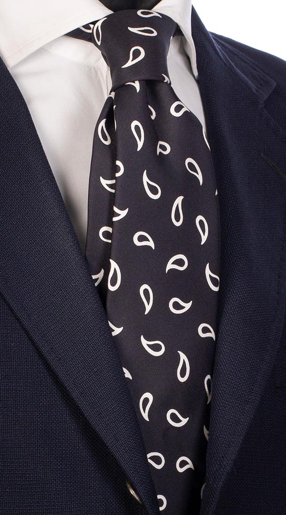 Cravatta Uomo per Cerimonia Stampa di Seta Blu Notte Paisley Bianca Made in Italy Graffeo Cravatte