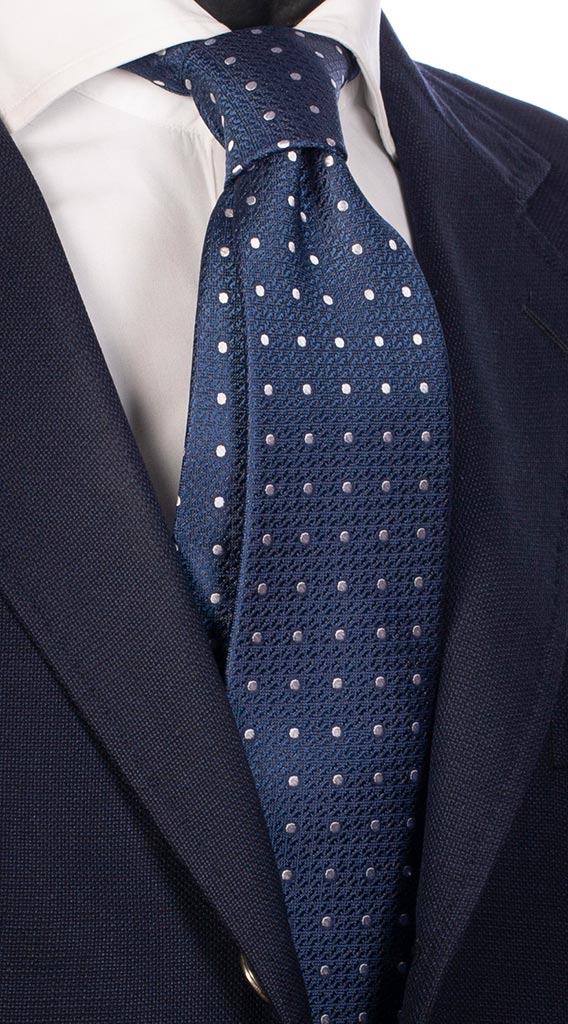 Cravatta Uomo per Cerimonia di Seta Blu Navy Fantasia Tono su Tono Pois Bianchi Made in Italy Graffeo Cravatte