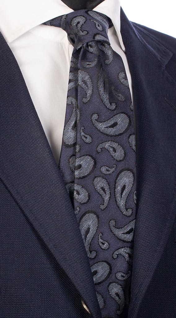 Cravatta Uomo per Cerimonia di Seta Blu Paisley Grigio Blu Made in Italy Graffeo Cravatte