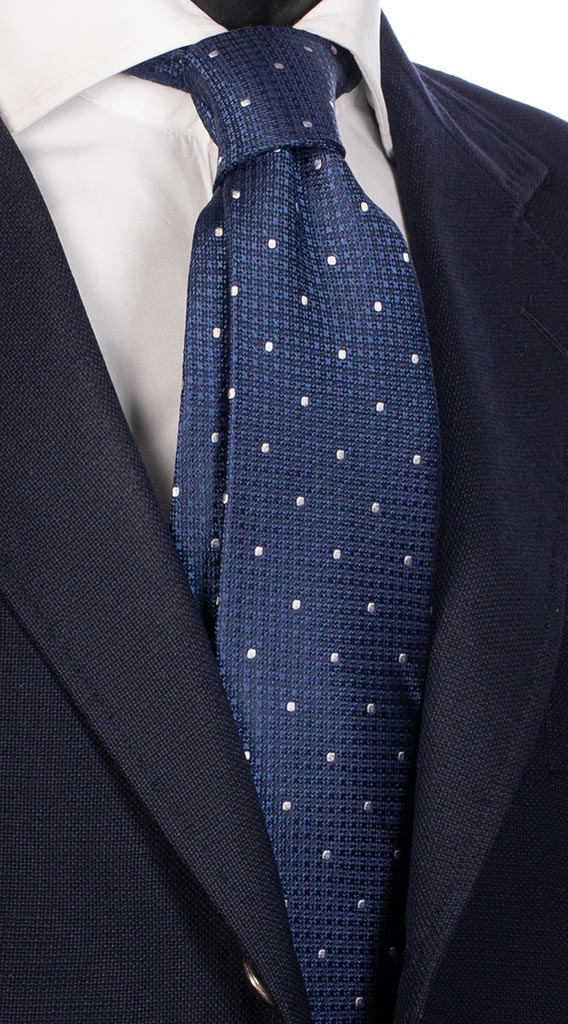 Cravatta Uomo per Cerimonia di Seta Bluette Pied de Poule Tono su Tono Pois Bianchi Made in Italy Graffeo Cravatte