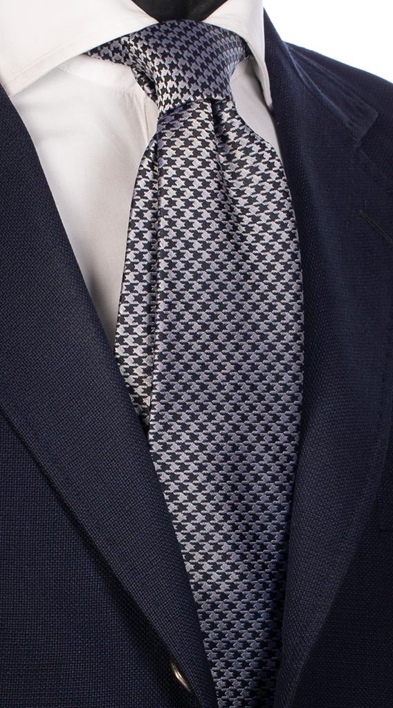 Cravatta Uomo per Cerimonia di Seta Pied de Poule Bianco Blu Notte Made in Italy Graffeo Cravatte