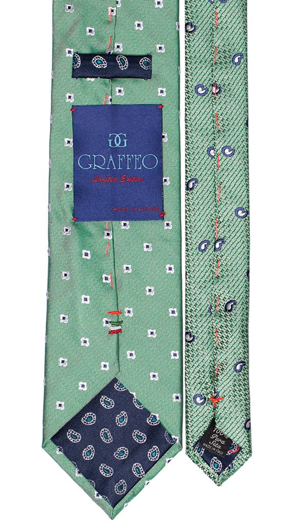 Cravatta Verde Chiaro Fantasia Bianca Blu Nodo in Contrasto Blu Fantasia Verde Bianca Made in Italy Graffeo Cravatte Pala